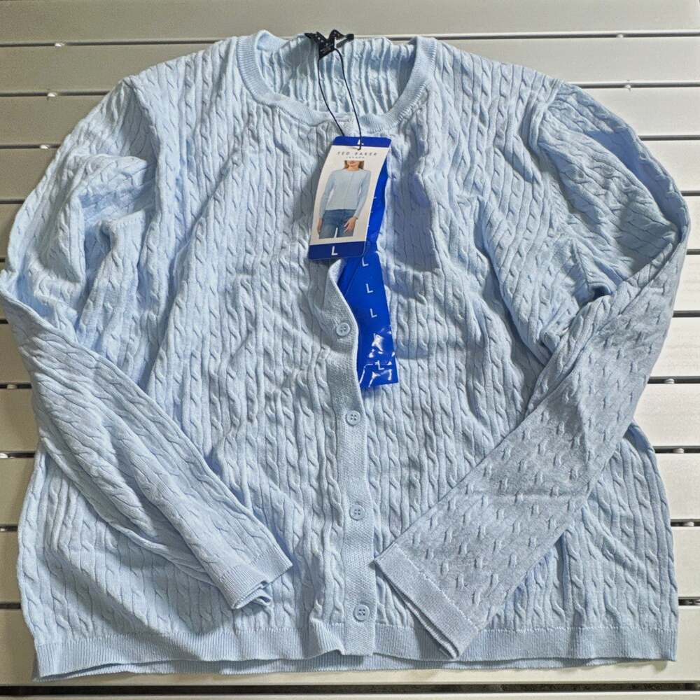 Ted Baker London Light Blue Crew Neck Cable Knit Button Cardigan Women's L